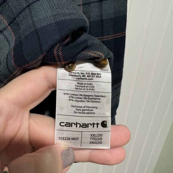 Carhartt Plaid Flannel Shirt Navy Blue Teal Size XXL - Picture 4 of 5